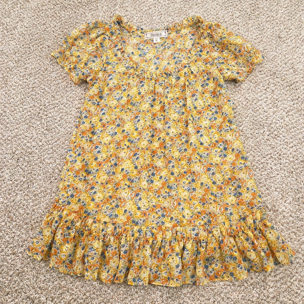 Decree Y2K Yellow Floral Chiffon Short Sleeve Ruffle Hem Babydoll Scoop blouse